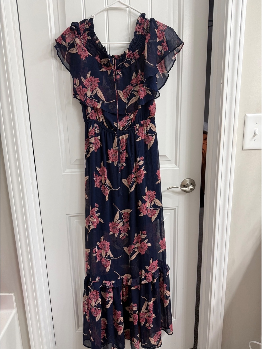 Express Navy Blue Floral Maxi Dress off the shoulder, Size Small